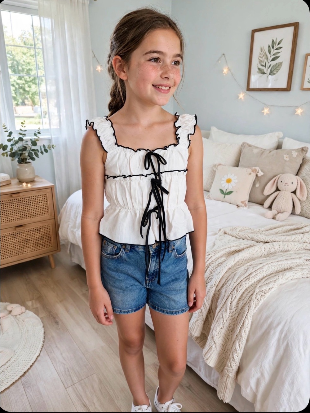Girls' White Ruffle Tie-Front Camisole with Black Trim